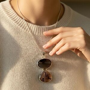 925 Silver Plated-Stick Agate Ethnic
Long Gemstone Pendant Jewelry 2.1"